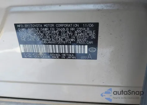 2007 Lexus Es 350 из США, поврежденный, VIN JTHBJ46G072078714